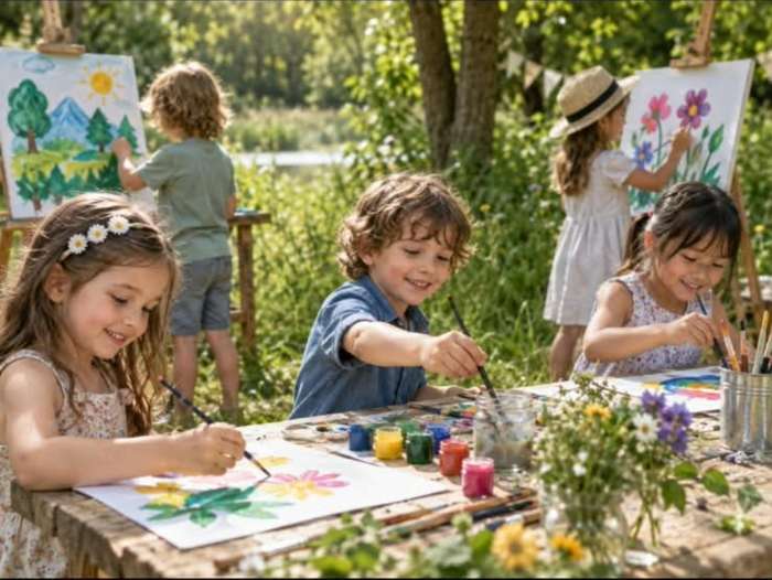 Crianças pintando ao ar livre em contato com a natureza