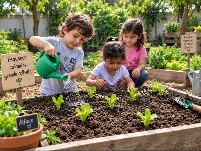 Crianças explorando plantas e natureza ao ar livre