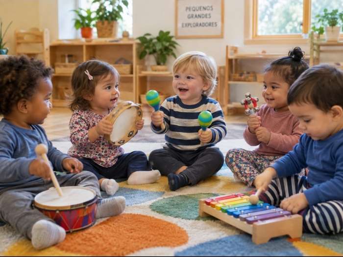Bebês participando de musicalização com instrumentos